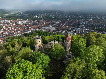 Aerial view of the Honburg castle ruins on the Honberg with the town of Tuttlingen, district of