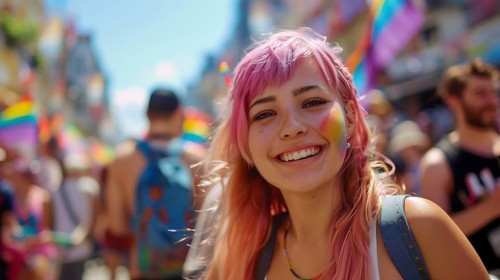 A beautiful young woman with pink hair is smiling and wearing face paint with the LGBT rainbow
