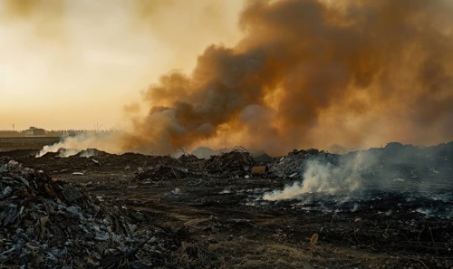Smoke rising from a burning landfill, air pollution AI generated