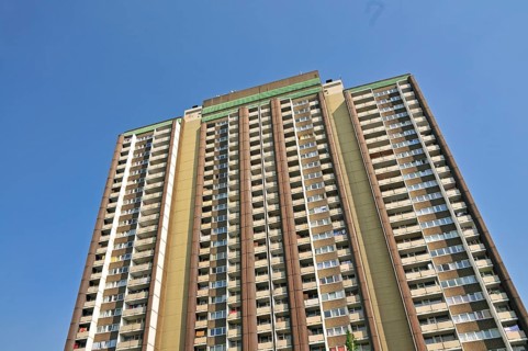 Residential tower block KoelnBerg, a social hotspot in the Meschenich district of Cologne, North