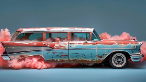 A classic car on a blue background with pink smoke swirling around it, AI generated