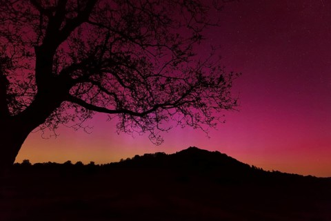 Northern lights in Germany. Very strong auroras over the Limburg near Weilheim, Swabian Alb. At 3