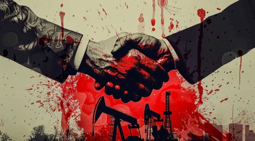 Two men shaking hands with red blood on their hands. Concept of corporate greed and oil industry,