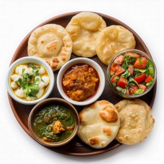 North Indian meal with puri, chutney, and assorted dishes, AI generated