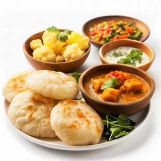 Indian meal on a wooden tray with puri, potato curry, and lentil soup, AI generated