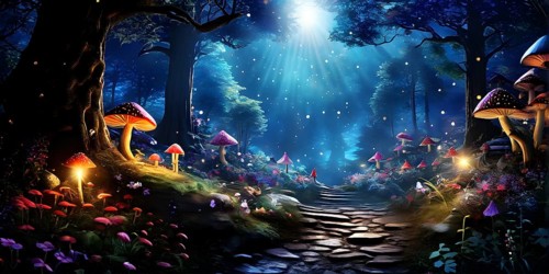 AI generated enchanted forest illustration intertwining trees aglow with magical light