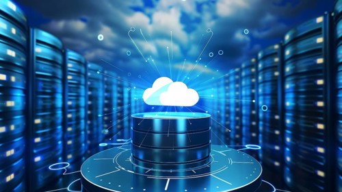 Futuristic data center with a glowing cloud symbol denoting cloud computing, AI generated