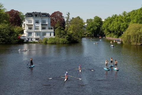 Symbolic picture weather, leisure activity, summery spring, villa at the Krugkoppelbruecke with