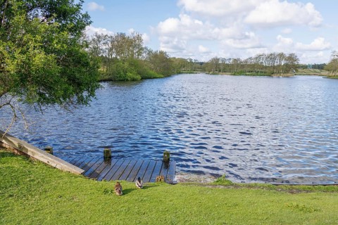 View of a lake with a wooden platform and two ducks on the grassy shore under a cloudy sky, small