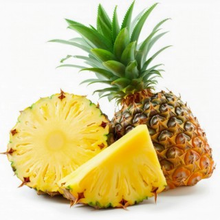 Tropical pineapple displayed with slices revealing its juicy, yellow flesh, AI generated