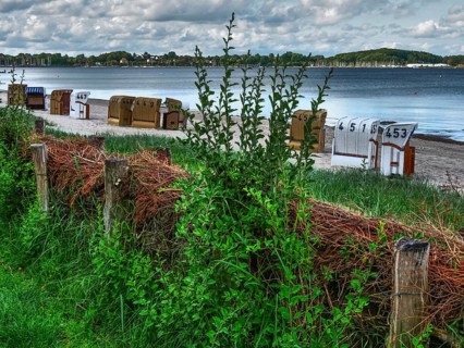 HDR image of beach chairs on the beach, grasses and wood in the foreground, cloudy sky in the