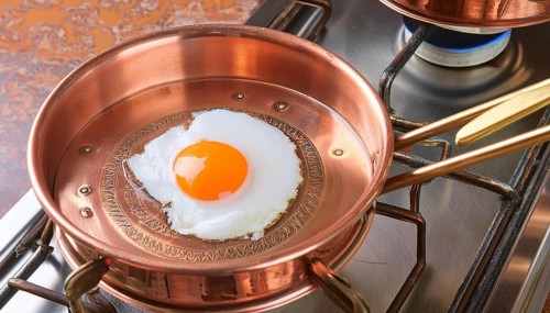 Metal, copper, a fried egg is fried in a copper pan