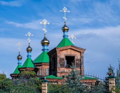 Russian Orthodox Church Cathedral of the Holy Trinity, wooden church with green spires, Karakol,