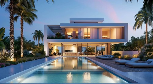 Exterior of private house luxury villa. Modern architecture real estate with swimming pool, AI