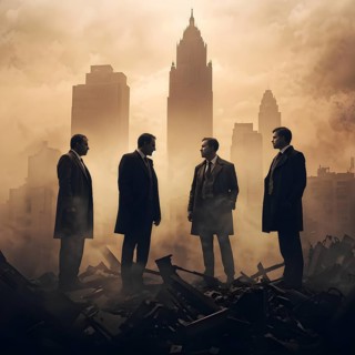 Silhouette of a group of businessman against a backdrop double exposure that reveals a destroyed