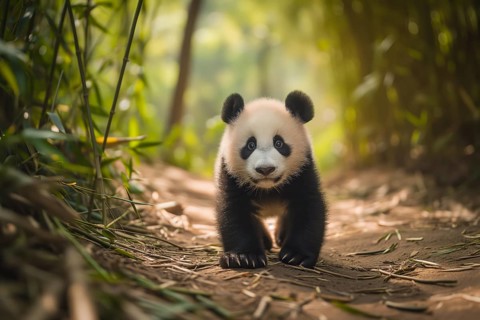 Cute panda cub in a lush bamboo grove, The image showcases the beauty and serenity of nature and