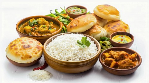 Traditional Indian meal with chicken curry, lentils, and bread, served in terra cotta bowls, AI