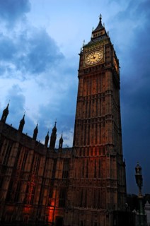 Big Ben at dusk left parts of Westminster Hall, Bridge Street, London, England, Great Britain