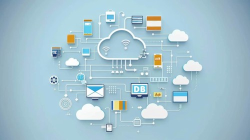 Digital illustration depicting a cloud network with various technology icons connected in a