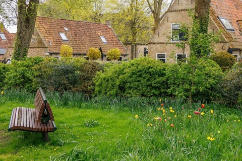 Villagers enjoy the spring colours and tranquillity in a lush green park, old houses with green