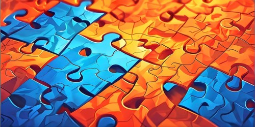 Illustration of scattered blue and orange puzzle pieces sprawled across as a wallpaper background,