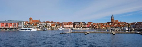 Town panorama with town harbour on Lake Mueritz, St. Georgen Church and St. Marien Church, Waren,