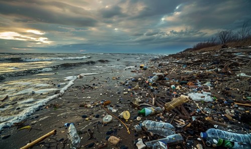 Beach littered with plastic bottles and garbage, ecological problems AI generated