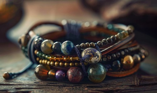 A leather wrap bracelet adorned with natural gemstones and antique beads AI generated