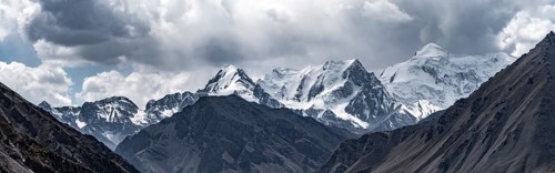 Glaciated and snow-covered mountain peaks, Tian Shan, Sky Mountains, Engilchek Valley, Kyrgyzstan,