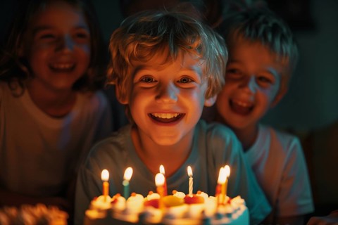 Happy caucasian birthday boy celebrating a party with his friends and a big birthday cake with lit
