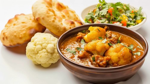 A bowl of curry with naan bread and side salad, displaying vibrant colors of Indian cuisine, AI