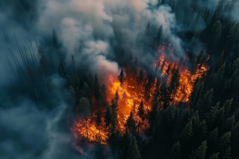 Aerial view of a forest fire is raging through a forest, with smoke and flames visible in the air.