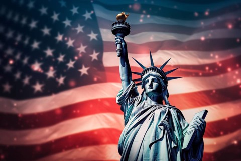4th of July Independence day concept background, a statue of liberty in front of the American flag.