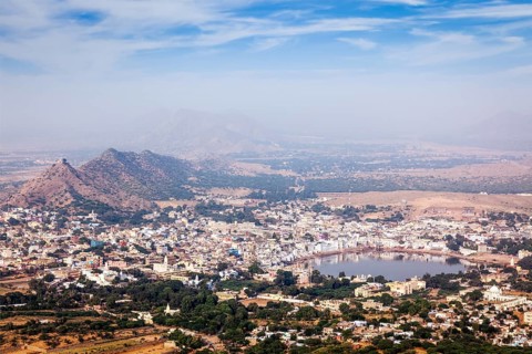 Holy city Pushkar aerial view from Savitri temple. Rajasthan, India, Asia