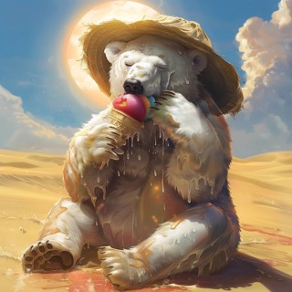 A polar bear eats an ice cream while sitting in the sun with a straw hat in the desert. Sun rays