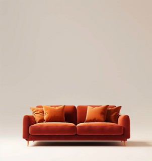 Red brick velvet fabric sofa with pilows isolated on white background. AI generated