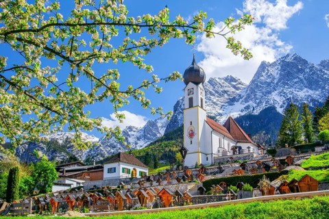 Spring meadow with blossoming tree and parish church in front of the Grosser Waxenstein 2277m in