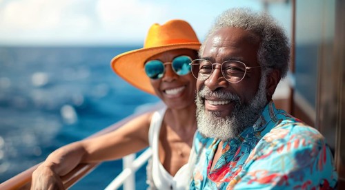 Happy african american senior couple portrait on the deck of their luxury cruise ship. generative