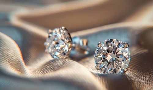 A pair of sparkling diamond earrings arranged on a sleek satin material background AI generated
