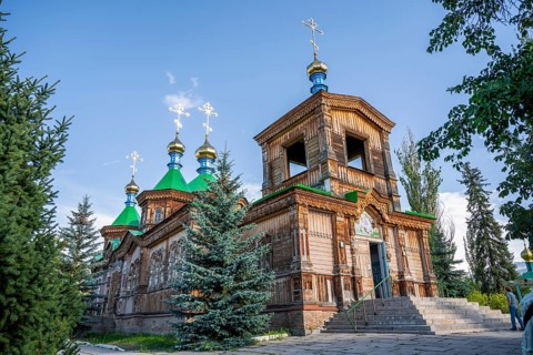 Russian Orthodox Church Cathedral of the Holy Trinity, wooden church with green spires, Karakol,