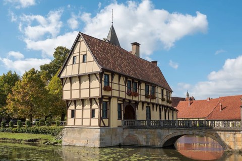 Moated castle Burgsteinfurt, Steinfurt, Muensterland, North Rhine-Westphalia, Germany, Europe