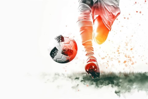 A soccer player kicks a ball on a field. Concept of action and excitement, as the player is in the