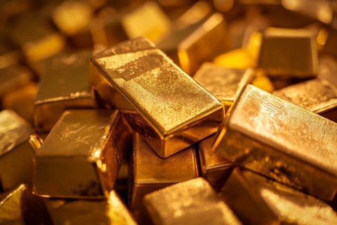 Banking finance concept background, pile of gold bars bullions ingots close up, AI generated