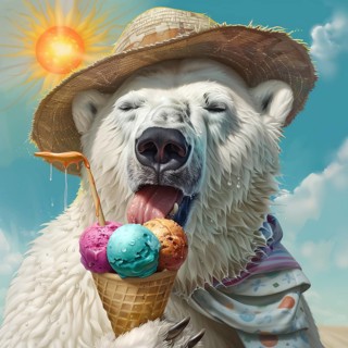 A polar bear with a straw hat licks an ice cream at sunset, symbolic image on the subject of