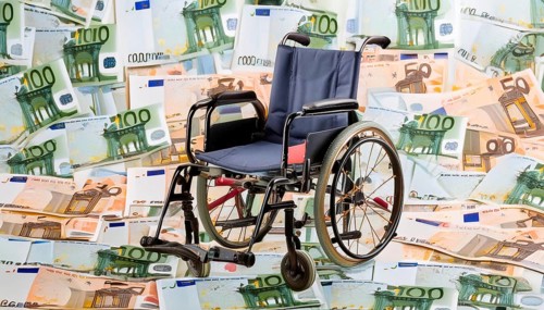 Symbolic long-term care insurance, care costs, disability, a wheelchair stands on a surface of euro