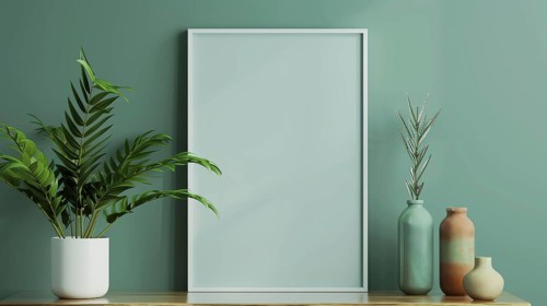 Empty frame with plants and vases against a green wall in natural light, AI generated