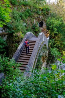 Hikers on the Devil's Bridge on the Danube, Inzigkofen Princely Park near Sigmaringen, Upper Danube