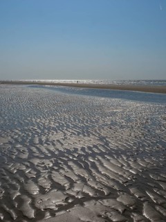 Wide beach with undulating sand surface and reflecting watercourse under a clear sky, glittering