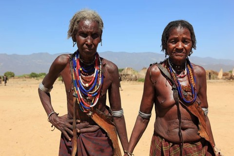 South Ethiopia, in a village of the Arbore or Erbore people on Lake Stefano, two elderly woman,