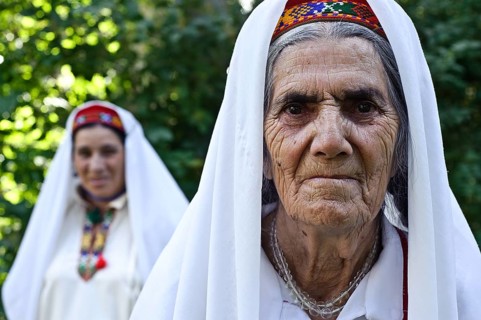 Women from the nizari ismaili community, traditionally dressed muslim women, Khorog in the Pamir